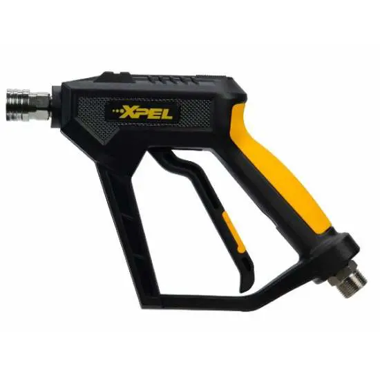 A yellow and black spray gun is on the ground.